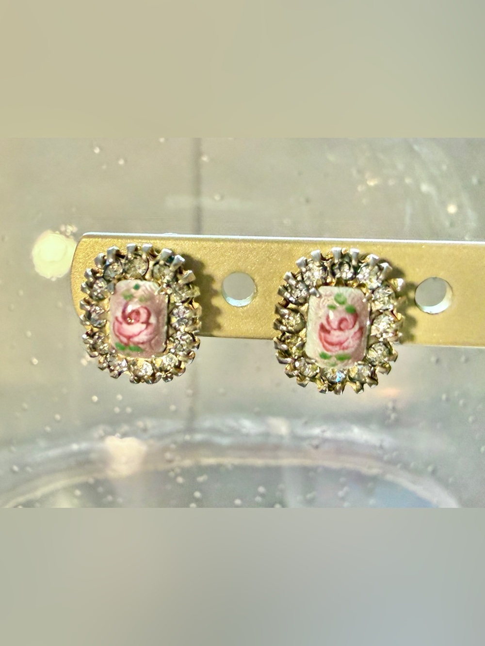 Vintage 1940s Guilloche Rose Enamel & Rhinestone Silver Tone Screw Back Earrings